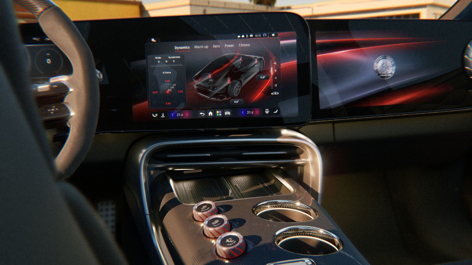 Fahrerorientiertes Cockpit des Mercedes-Benz AMG GT 4-Türer 2026 mit großem Zentraldisplay, drei runden Bedienelementen und zwei Getränkehaltern in der Mittelkonsole